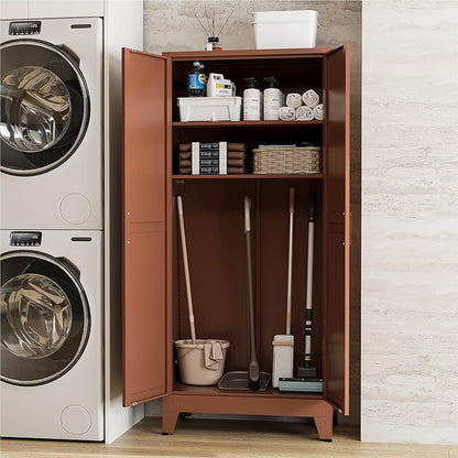 Farmhouse Pantry Cabinet with Barn Doors, 71" H x 31.5" W, 5-Tier Metal Storage Cabinet with 4 Adjustable Shelves for Kitchen Garage Dining Room,Brown
