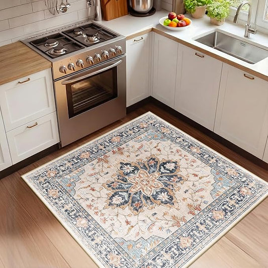 Area Rugs Square 4ft Washable Non-Slip, Floral Vintage Distress Print Pattern Medallion Carpet for Living Room Bedroom Dining Room, Beige Navy Blue Orange Colorful