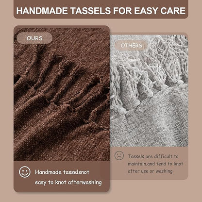 BATTILO HOME Brown Throw Blanket for Couch, Bed, Sofa - Soft Cozy Chenille Throw with Fringe Tassels, Lightweight Chocolate Brown Knitted Throw for Home Decor, 50"x60"