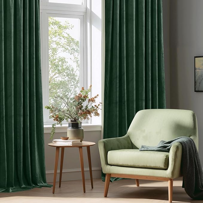 StangH Green Velvet Blackout Curtains Luxury Thick Noise Reducing Privacy Room Dividers Thermal Insulated for Dining Living Room Bedroom, Dark Green, W62 x L96, 2 Panels