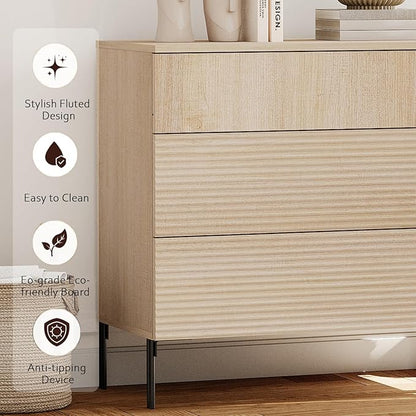 WAMPAT 94.5" W Fluted Dresser for Bedroom, Modern 9 Drawer Dresser TV Stand with Hidden Handles, Wooden Chest of Drawers Closet Clothes Storage Organizer for Bedroom, Living Room, Beige