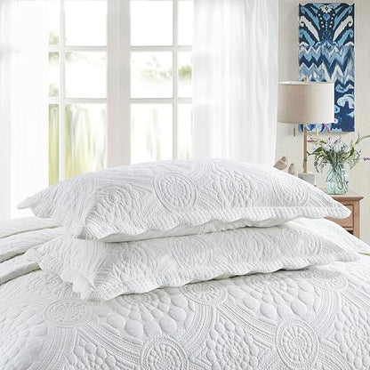 MarCielo 3-Piece 100% Cotton Oversized Bedspread Lightweight Quilt Coverlet Embroidery Farmhouse Bedding (Tf Bright White, Oversized King (118"x106"))