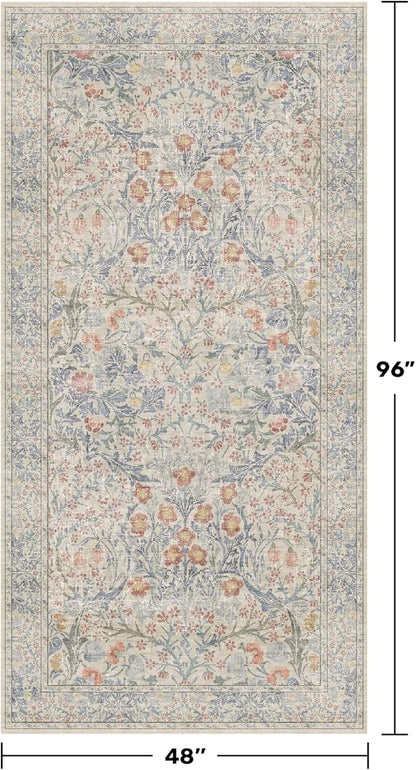 Beige Blue Washable Rugs for Living Room - 4x8 Vintage Boho Eclectic Pastel, Washable Low Pile Non Slip Area Rug for Bedroom Beside Bed, Door Mat Indoor Entrance, Kitchen, Home Floor Decor