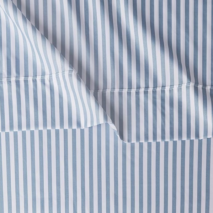 Amazon Basics Lightweight Super Soft Easy Care Microfiber 3 Piece Bed Sheet Set With 14-inch Deep Pockets - Twin, Dusty Blue Pinstripe,Printed
