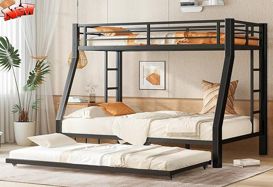 Upgraded Version Thicken Stronger Metal Heavy-Duty Twin Over Full Bunk Bed with Twin Size Trundle, Bunk Bed for Adults with Ladders, Easy Assemble (Twin/Full)