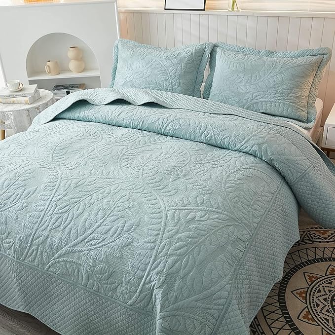 MarCielo 100% Cotton Quilt Set - 3-Piece Embroidered Farmhouse Bedspread & Shams, All-Season Breathable Bedding(Aruba Blue,Queen)