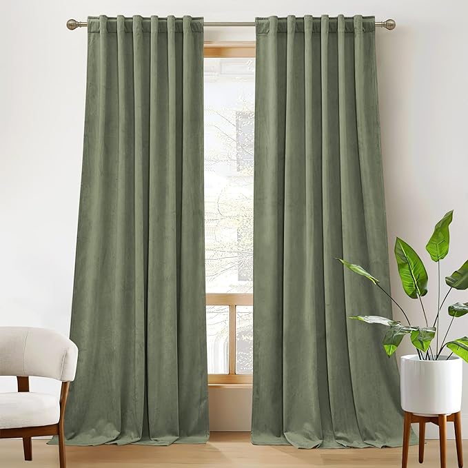 RYB Home Plush Velvet Curtains, Heavy Duty Back Tab Decorative Window Drapes Privacy Room Darkening Covering for Living Room Playroom, Sage Green, W52 x L84 inches, Set of 2 Panels