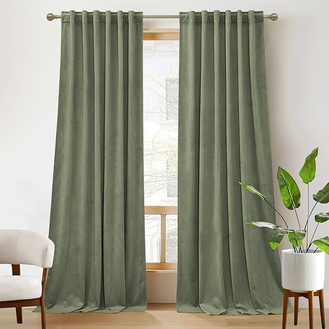 RYB Home Plush Velvet Curtains 96 inches, Heavy Duty Back Tab Decorative Window Drapes Privacy Room Darkening Covering for Living Room Playroom, Sage Green, W52 x L96 inches, Set of 2 Panels