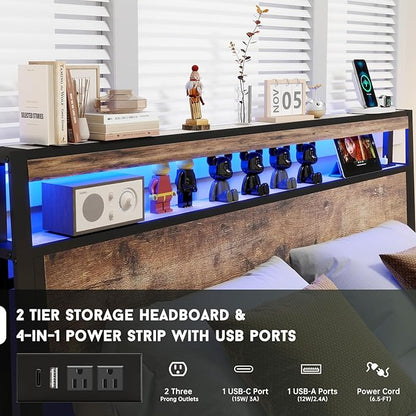 Full Size Bed Frame with 4 Storage Drawers and Headboard with Charging Station and LED Lights,2 Tier Solid Wood Headboard Storage,Noise Free, No Box Spring Needed/Remote/Vintage Brown