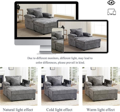 SUNWAVE 58" Chaise Lounge Chair with Ottoman, Chenille Fabric Sofa Bed, Accent Chair with Cupholders & USB Charging Ports for Living Room, Bedroom, Apartment (1 Chaise Misty Gray)