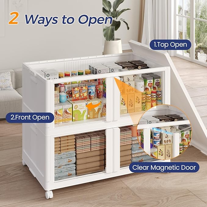 90GAL Large Stackable Storage Bins with Lid and Wheels, 360Qt Collapsible Organizer Cabinet with Clear Door, for Closet, Bedroom, Kitchen, Garage, 3-Pack White