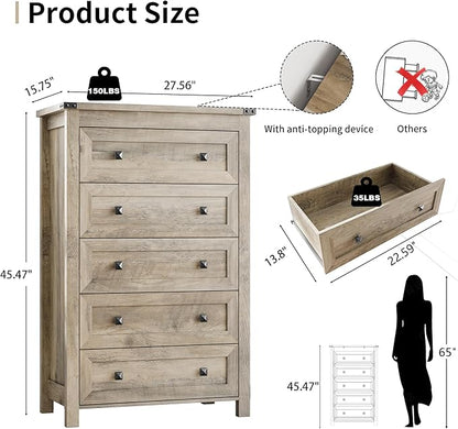 Dresser for Bedroom with 5 Drawers, Tall Wood Chest of Drawers, Modern Farmhouse Closet Clothes Organizer, Storage Tower Cabinet with Metal Handles for Hallway, Living Room, Entryway, Light Grey