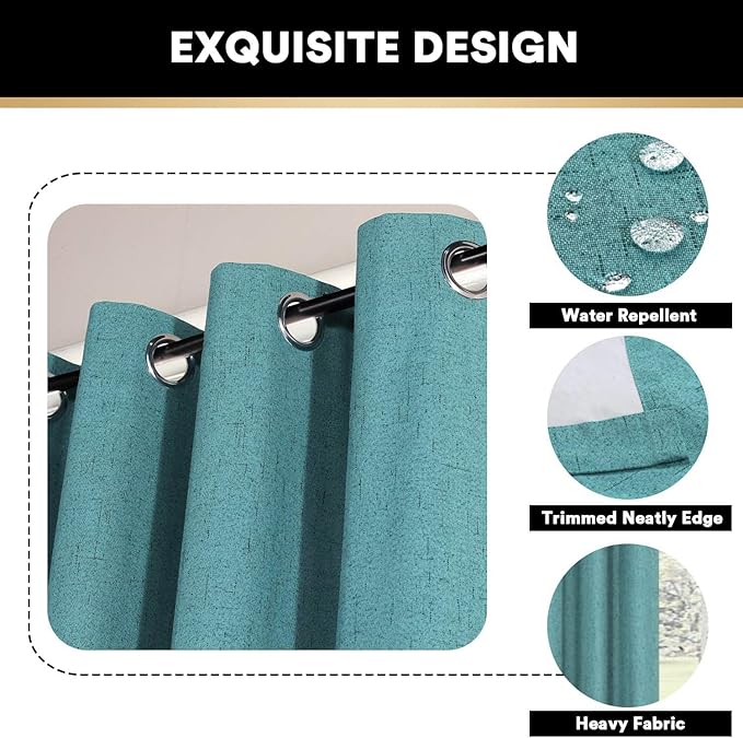 PrinceDeco Primitive Textured Linen 100% Blackout Curtains for Bedroom/Living Room Energy Saving Window Treatment Curtain Drapes, Burlap Fabric with White Thermal Insulated Liner (52 x 54 Inch, Teal)