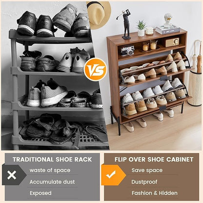 47" Fluted Large Shoe Cabinet with 4 Flip Drawers, Slim Freestanding Shoe Cabinet Organizer, Narrow Shoes Storage Rack for Entryway, 5 Sturdy Legs (All Walnut-2 drawers, 9.45"D x 31.5"W x 41.93"H)