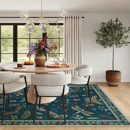 Lahome Insect Print Washable Rugs for Living Room, Soft Area Rug 6x9 Rug for Bedroom Ultra-Thin Non Slip Dining Room Rug, Stain Resistant Modern Rug Large Carpet for Office Nursery(6'x9',Dark Green)