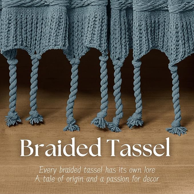 Boho Knitted Chenille Blanket with Tassels - Lightweight & Soft All-Season Throw - 3D Classic Pattern for Living Room Bedroom Couch, Celestial Blue, King 90"x108"