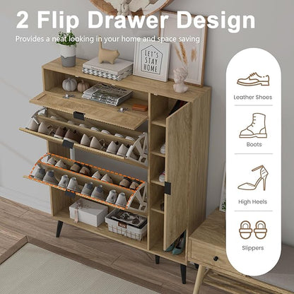 Shoe Storage Cabinet with 2 Flip Drawers, Narrow Shoe Cabinet for Entryway, Freestanding Slim Hidden Shoe Organizer Cabinet with Doors, Adjustable Shelf, Open Storage Space (Wood)