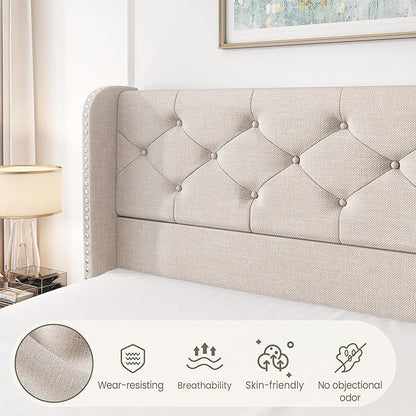 LARMACE Full Size Bed Frame with 4 Storage Drawers and Wingback Headboard Linen Upholstered Platform Bed Frame Tufted Beds with Wooden Slats Support, Easy Assembly, Beige