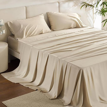 Bedsure Full Size Bed Sheets, Cooling Sheets, Rayon Derived from Bamboo, Breathable & Soft, Deep Pocket Up to 16 Inches, Hotel Luxury Silky Bedding for Hot Sleepers, Beige