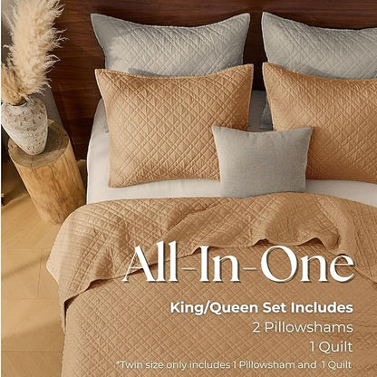 DOWN HOME Twin Quilt Set with Sham Lightweight Quilted Bedspread Coverlet Thin Comforter Bed Cover Vintage Washed Quilted Blanket for All Season, Brushed Microfiber Diamond Stitching, Brown, 66"x92"