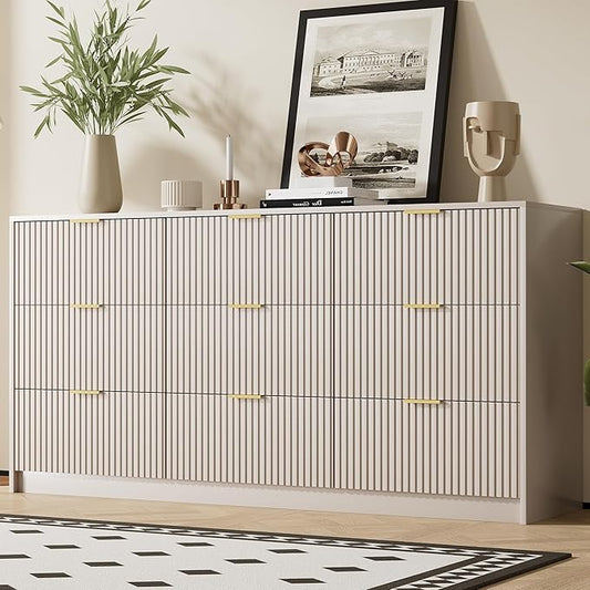 Beige Dresser for Bedroom, Modern Dresser with 9 Drawers and Smooth Slides, Wide Chest of Drawers with Golden Handles for Bedroom, Living Room, Closet, 15.7" D x 63" W x 31.5" H