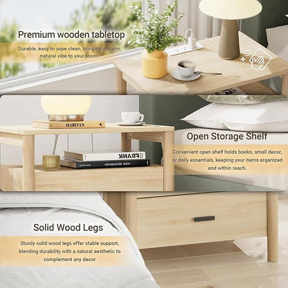 FavourLife Night Stand Set 2, 23" Wide Nightstands Set of 2, Large Nightstand with Charging Station, 2 Drawer Wooden End Table with Solid Round Post Legs, Modern Bedside Table for Bedroom, Natural Oak