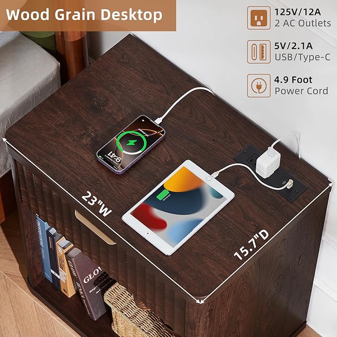 LEYAOYAO Fluted Farmhouse Nightstand Set of 2 with Charging Station, 23" Wide 1 Drawers Night Stand,Walnut Dresser for Bedroom,Bed Side Table Chest of Drawers,Wood End Table for Living Room