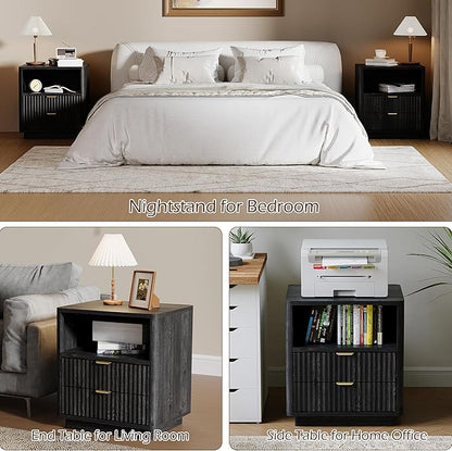 Fluted Nightstands Set of 2 - Black Nightstand with 2 Drawers & Open Shelves, 22" Wide Large Bedside Stand Modern Storage Wooden Side Tables for Bedroom (Elegant Black)