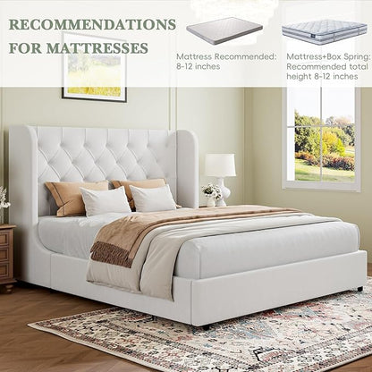 HOMBCK White King Bed Frame, Velvet Upholstered Platform Bed Frame with Headboard, Curved Wingback Design, Wooden Slats, No Box Spring, Noise Free, Easy Assembly