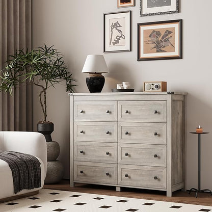 Dresser for Bedroom with 8 Drawers, Farmhouse Wood Chest of Drawers, Wide TV Stand Closet Storage Furniture with Metal Handle, Modern Clothes Organizer for Hallway, Living Room, Entryway, Light Grey