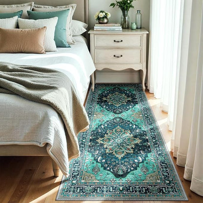 Area Rugs 3'x6' Washable Non-Slip, Floral Vintage Distress Print Pattern Medallion Carpet for Living Room Bedroom Dining Room, Teal Green Lake Blue Turquoise