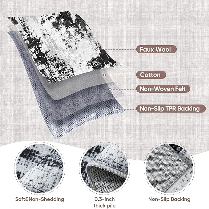 Machine Washable Runner Rug 2x6: Non Slip Hallway Rug Low Pile Kitchen Runner Soft Abstract Rug with Rubber Backing for Entryway Bedroom Bathroom Farmhouse Laundry Living Room Black White 2x6
