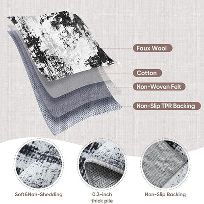 3x12 Long Hallway Runner Rug: Kitchen Rugs Non Slip Washable Low Pile Abstract Rug Runner with Rubber Backing Indoor Stain Resistant Carpet Runners for Bedroom Dining Living Room Black White