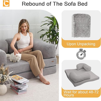 COMAX Folding Sofa Bed Queen, 4-in-1 Foldable Floor Couch Convertible Futon Sofa with Armrests Sleeper Mattress Chair Bed Comfy Portable Fold Out Lounge Guest for Living Room Bedroom, Light Grey