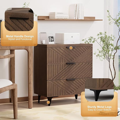 Royal Windsor Fluted Nightstand with 3 Drawers, Side End Table, Accent Storage Cabinet,Modern Night Stand Bedside Table for Bedroom,Brown
