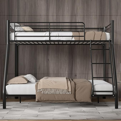VECELO Bunk Bed Twin Over Full, Metal Bunkbeds with Ladder and Full-Length Guardrail, No Box Spring Needed, Space Saving, Noise Free, Matte Black