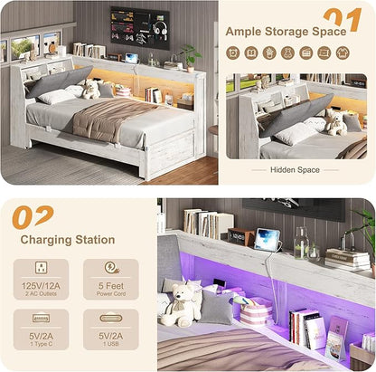 Corner Bed Frame with Extendable Trundle Bed and Bookcase Upholstered Headboard, 3-in-1 Twin Size Wood Daybed with LED Lights and Charging Station, for Bedroom, Guest Room, White