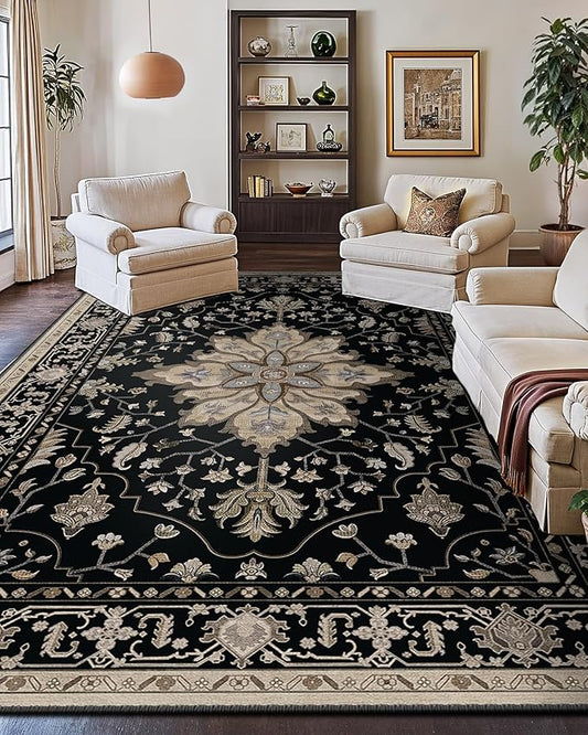 Area Rugs 10'x14' Washable Non-Slip, Floral Vintage Distress Print Pattern Medallion Carpet for Living Room Bedroom Dining Room, Black Brown Neutral Dark Tan