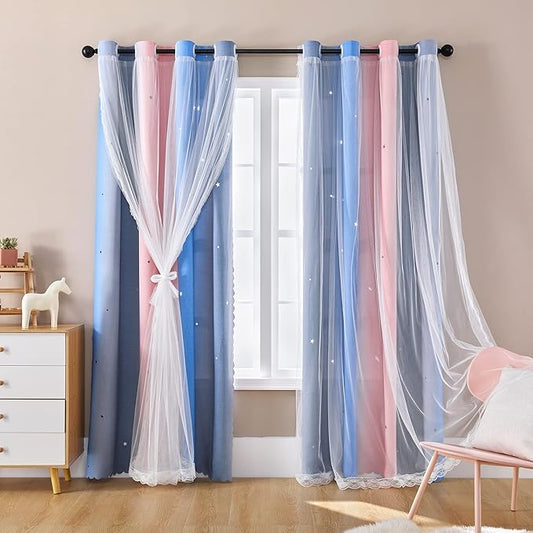 XiDi Dream Star Blackout Curtains for Kids Rooms Girl Princess Curtain for Daughter Bedroom Window (Pink Grey Blue, W34 X L72)