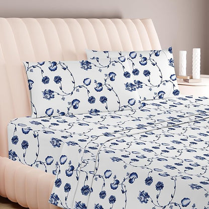 Carressa Linen 100% Egyptian Cotton Printed Bed Sheets - 600 Thread Count 3 PC Twin Sheet Set, Hotel Luxury Sateen Bedsheets, 16" Deep Pocket Soft Cooling Sheets for Twin Size Bed - Floral Blue