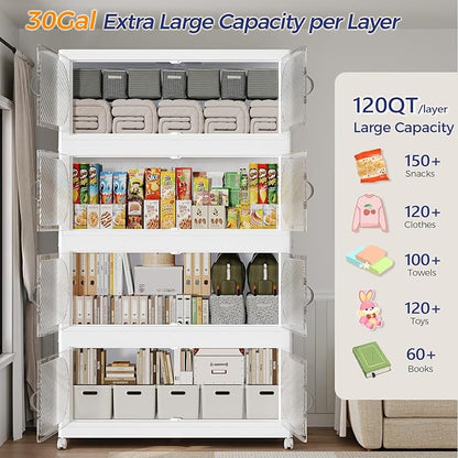 600QT Plastic Stackable Storage Bins with Lid, 150GAL Extra Large Collapsible Box with Wheels Clear Door, Foldable Closet Organizer Container Cabinet Drawer for Home Kitchen，5Pack, White