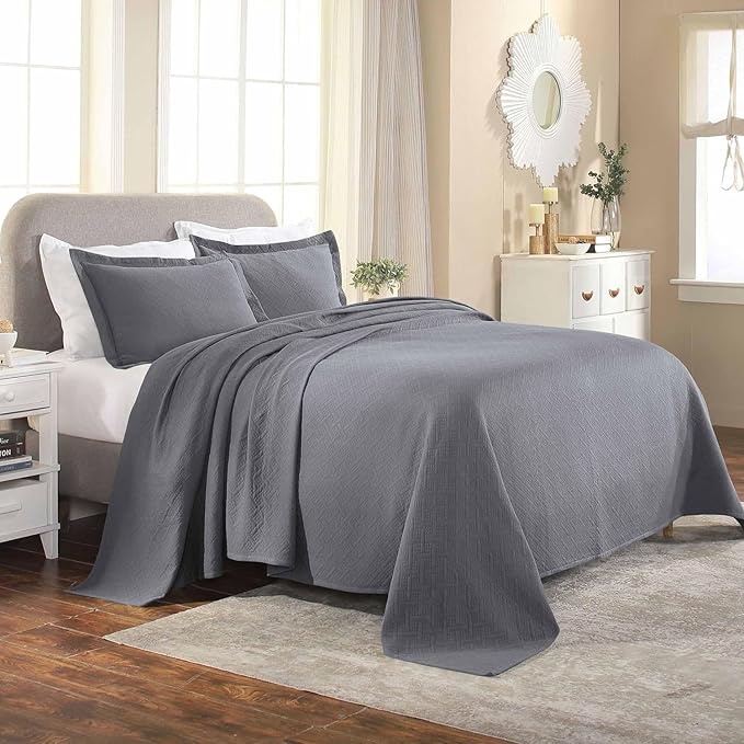 Superior 3 Piece Basketweave Cotton Bedspread Set, Home Bed Decor, Decorative Bed Spread, 2 Pillow Shams, Medium Weight Blanket, Matelasse Coverlet Bedding, Geometric Lattice Pattern, Queen, Grey