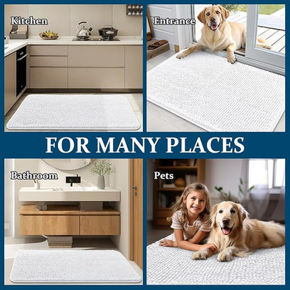 OLANLY Dog Door Mat for Muddy Paws 59x35, Absorbs Moisture and Dirt, Absorbent Non-Slip Washable Doormat, Quick Dry Chenille Mud Mat for Dogs, Entry Indoor Entryway Carpet for Inside Floor, White