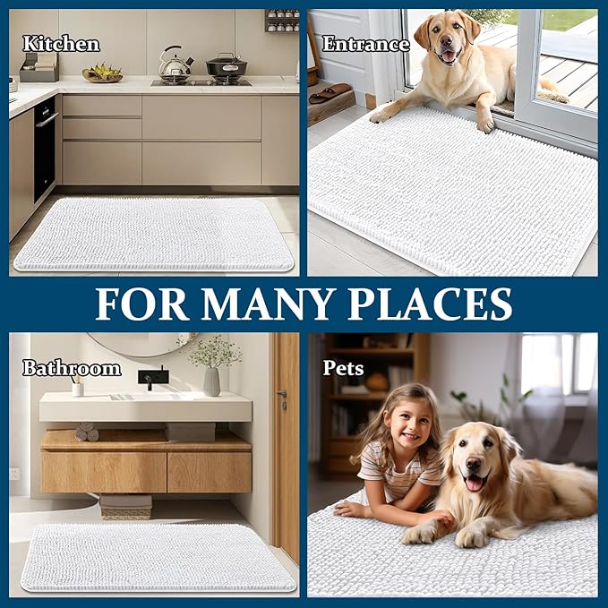OLANLY Dog Door Mat for Muddy Paws 47x17, Absorbs Moisture and Dirt, Absorbent Non-Slip Washable Doormat, Quick Dry Chenille Mud Mat for Dogs, Entry Indoor Entryway Carpet for Inside Floor, White