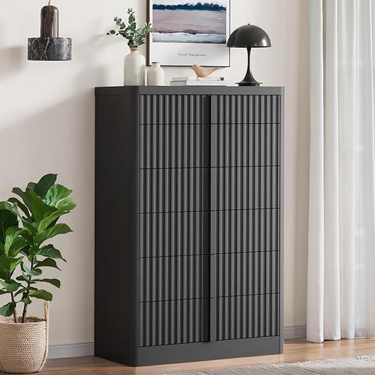 Fluted Dresser for Bedroom, 48" Tall 6 Drawer Dresser, Modern Chest of Drawers with Solid Wood Handle, Curved Profile Design, Wood Dressers Storage Organizer, Living Room, Hallway, Black