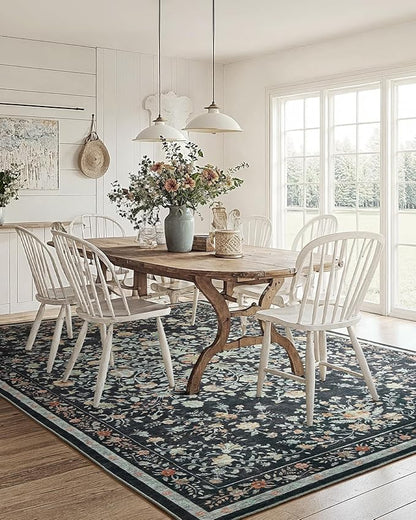 AMADA HOMEFURNISHING 5x7 Area Rugs, Washable Low-Profile Large Living Room Rug with Non-Slip Backing & Durable Edge Binding, Soft Vintage Rug for Bedroom, Dinning Room