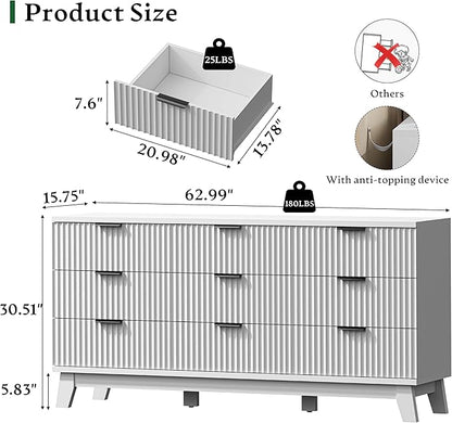 Fluted Dresser with 9 Drawers, 63" Wide Modern Chest of Drawers with Metal Handle, Wooden Dresser TV Stand, Wood Closet Clothes Storage Organizer for Bedroom, Living Room, Hallway, Solid White