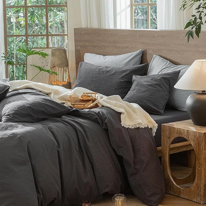 MooMee Wavy Striped Duvet Cover Set 100% Washed Cotton Linen Like Textured Breathable Durable Soft Comfy (Charocal Grey, Full 80"x90")