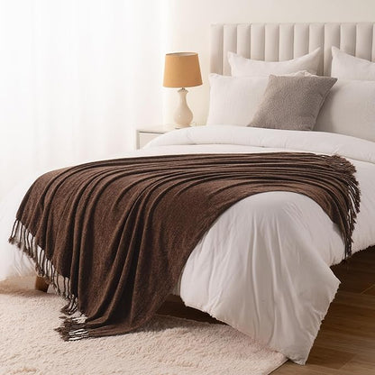 BATTILO HOME Brown Throw Blanket for Couch, Bed, Sofa - Soft Cozy Chenille Throw with Fringe Tassels, Lightweight Chocolate Brown Knitted Throw for Home Decor, 50"x60"