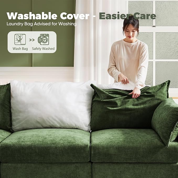 ABCASA Luxury Modular Sectional Sofa, L-Shaped 3-Seat Couch with Storage Ottoman Deep Seat & Reversible Chaise Lounge Chenille Green for Compact Spaces, Apartments, Dorm